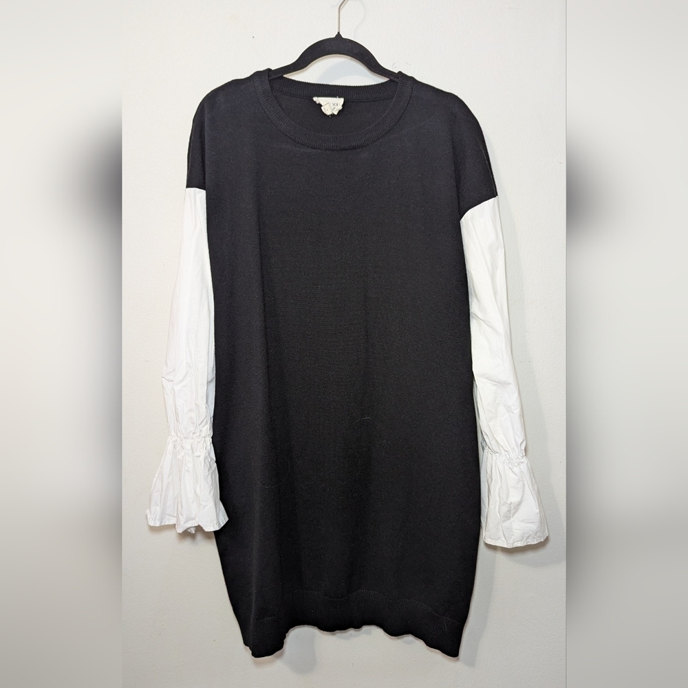 Before You With Love Black Sweater Dress Faux Layer White Poet Sleeves Size L